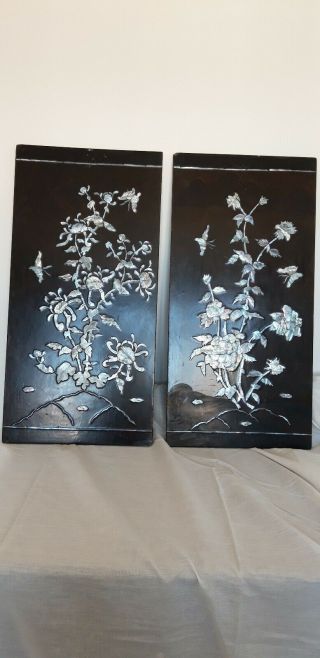 Antique Chinese Mother Of Pearl Inlaid Lacquered Panels.  19th Century
