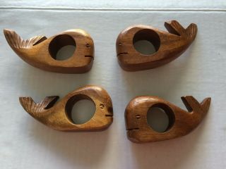 Set Of 4 Smiling Whale Napkin Rings Wood Nautical Dining Table Vintage Rare