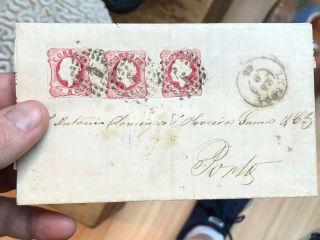 Rare 75 Reis Rate 1865 Lisbon Portugal Folded Letter Postal Cover To Porto