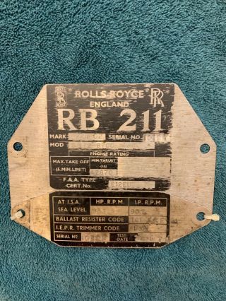 Rolls - Royce Vintage Jet Engine Rating Id Plates Actually Mounted On Engine