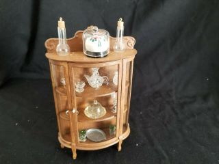 Vintage Miniature Curved Glass Wood Curio Cabinet Display Case W/ Trinkets