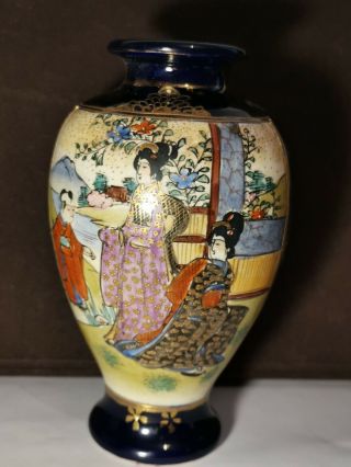 Antique Japanese Geisha Meiji Satsuma Ceramic Pottery Vase Cobalt Blue Signed 2