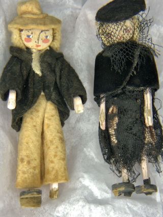 Antique Cloth Doll Couple Hand Painted Faces Mini Mourning? Wool?