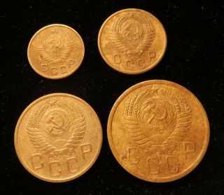 4 Old Coins Soviet Russia 1 & 2 & 3 & 5 Kopecks \ Копейки 1955 СССР - USSR RARE 2