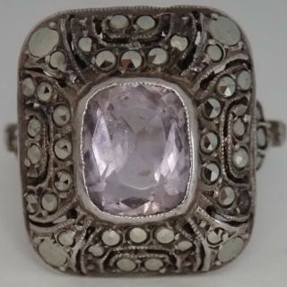 Antique French Art Deco Sterling Silver Amethyst Marcasite Ring