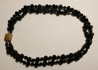 Antique Victorian Black Faceted Glass Bead Double Strand Push Clasp Necklace