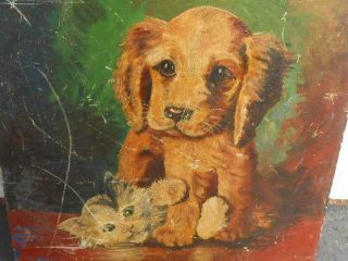 Antique Vintage Dog Cat Puppy Kitten Portrait Painting Oil On Board