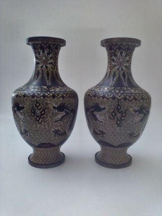 Antique Japanese Cloisonne Vases With Dragons,  6.  5 " Tall