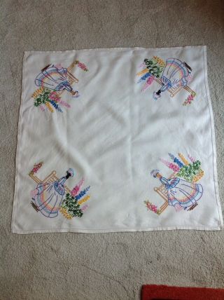 Vintage Tablecloth Hand Embroidered Crinoline Ladies Flowers
