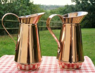 Two Vintage Copper Jugs Polished Country Cottage Kitchen French Chic