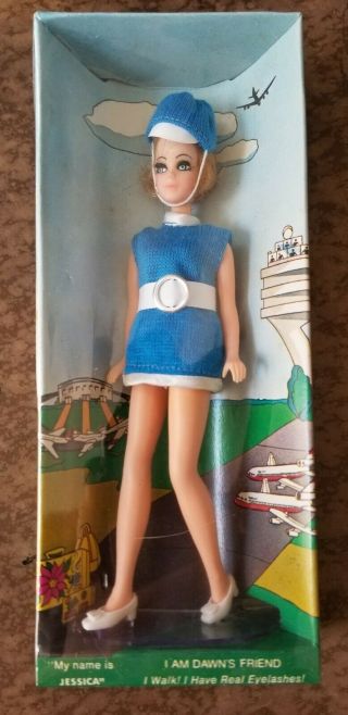Vintage 1970 Topper Dancing Dawn " Jessica " Doll Airline Stewardess In Blue Nib