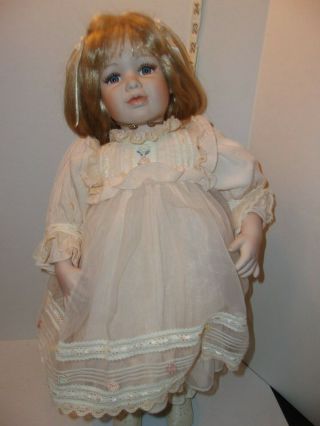 24 " Large Vintage Porcelain Toddler Doll With Blonde Hair & Smile W/stand Dress