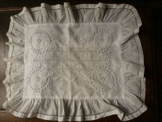 Antique French Hand Embroidered Small Pillow Case / Boudoir Cushion Cover