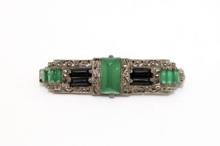 A Antique Art Deco Silver 935 French Chrysoprase & Marcasite Brooch 15768