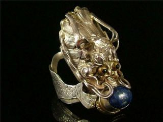 Antique Old Chinese Silver Ring Lapis Lazuli Inlaid Dragon Style Auspicious
