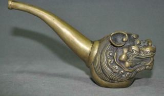 6 " Old Chinese Pure Bronze Foo Dog Beast Head Tobacco Pouch Pipe Smoking Tools