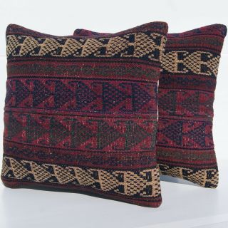 Kurdish Pillow Covers Two Embroidered Kilim Rug Square Wool Kelim Area Rugs 16 "