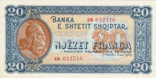 20 Franga Unc Banknote From Albania 1945 Pick - 16 Rare