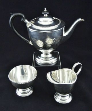 Vintage English Hand Chased 3 Piece Tea Set Sugar Creamer Tea Pot Silver Plated