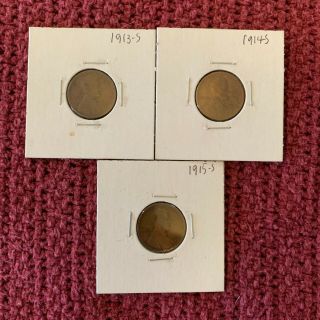 1913 - S,  1914 - S And 1915 - S (3) Rare Early Teen San Francisco Wheat Pennies