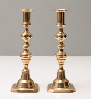Pair Antique Victorian Beehive Brass Candlesticks Faceted Knops C1980