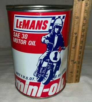 Antique Lemans Mini Motor Oil 1qt Tin Litho Can Motorcycle Bike Edgerton Wi Gas