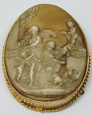 Good Large Antique Cameo Brooch With Scene Of Putti And Animals