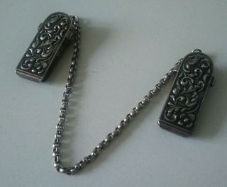 Victorian Antique Solid Silver Cloak / Shawl Clasp Repousse Clips Belcher Chain