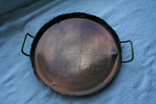 Antique Vintage Arts & Crafts Engraved Copper & Brass Tray With Handles & Feet