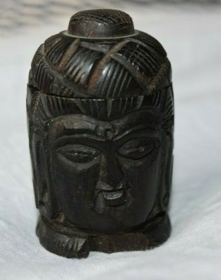 Early Chinese Indian Buddha Head Carved Snuff Spice Box Pot Wooden,