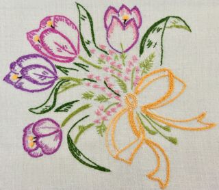 Vintage Hand Embroidered Tablecloth Heather Tulips English Country Garden Flower