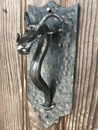 Hand Forged Custom Wrought Iron Dragon Door Knocker.  Long Horn