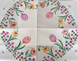 Vintage Hand Embroidered Tablecloth Country Spring Flowers Tulips Daffodils No.  7