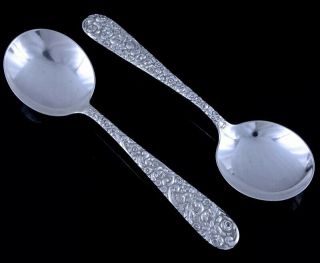 Fine Pair Jenkins Jenkins Sterling Silver Floral Repousse Soup / Serving Spoons