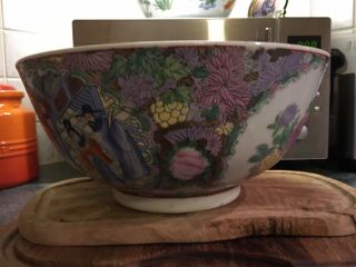 Large Vintage Chinese Hand Painted Famille Rose Porcelain Bowl 2