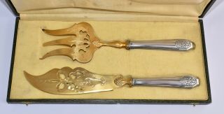 Boxed French Sterling Silver & Vermeil Fish Servers - Knife & Fork