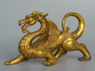 Exquisite China Fengshui Pure Brass Evil Dragon Kylin Unicorn Wing Beast statue 2