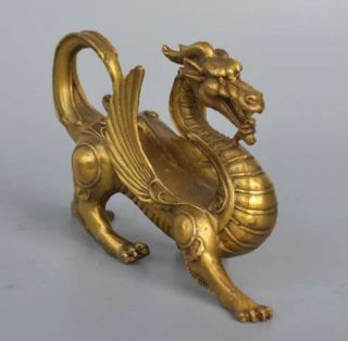 Exquisite China Fengshui Pure Brass Evil Dragon Kylin Unicorn Wing Beast statue 3