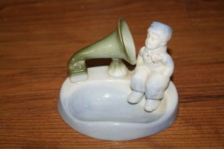 Antique German Green Porcelain Dish Dutch Boy W/ Gramophone Or Phonograph Horn