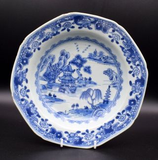 18th Century Chinese Octagonal Porcelain Blue White Plate Temple Lake Scene