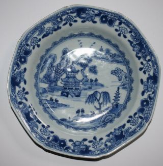 18TH CENTURY CHINESE OCTAGONAL PORCELAIN BLUE WHITE PLATE TEMPLE LAKE SCENE 2