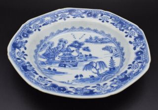18TH CENTURY CHINESE OCTAGONAL PORCELAIN BLUE WHITE PLATE TEMPLE LAKE SCENE 3