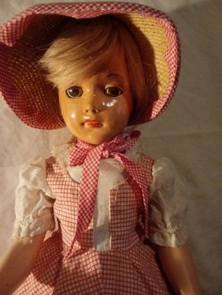 Vintage Full Hard Plastic Doll 18 " In.  Sleep Eyes,  With Straw Bonnet Hat