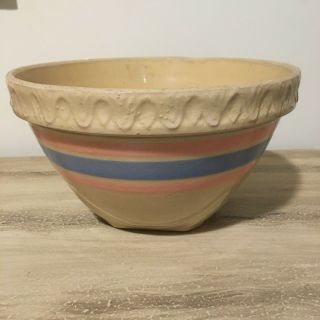 Vintage/antique Stoneware Mixing Bowl Yellow Ware Pink Blue Stripe Art Pottery