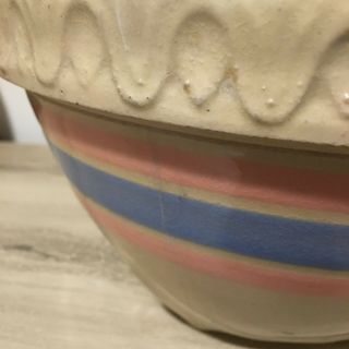 Vintage/Antique Stoneware Mixing Bowl Yellow Ware Pink Blue Stripe Art Pottery 2