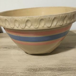 Vintage/Antique Stoneware Mixing Bowl Yellow Ware Pink Blue Stripe Art Pottery 3