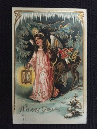 Antique Pfb Christmas Postcard - Relief 7888,  Angel With Lantern Walking In Snow