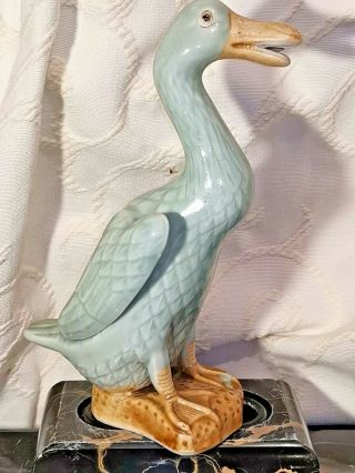 Vintage Chinese Export Celadon Green Glaze Ceramic Duck Figurine Marked