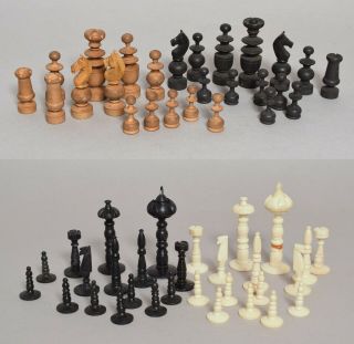 Antique Early 19thc Turned Bone Part Chess Set,  Plus Another Turned Boxwood