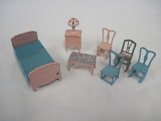 Vintage Tootsie Toy Dollhouse Bedroom Furniture Pink Bed,  Dresser,  Lamp,  Chairs